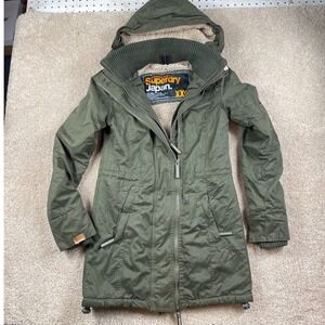 Superdry Japan The Windcheater Jacket Coat Long Khaki Sherpa Lined Hooded XXS